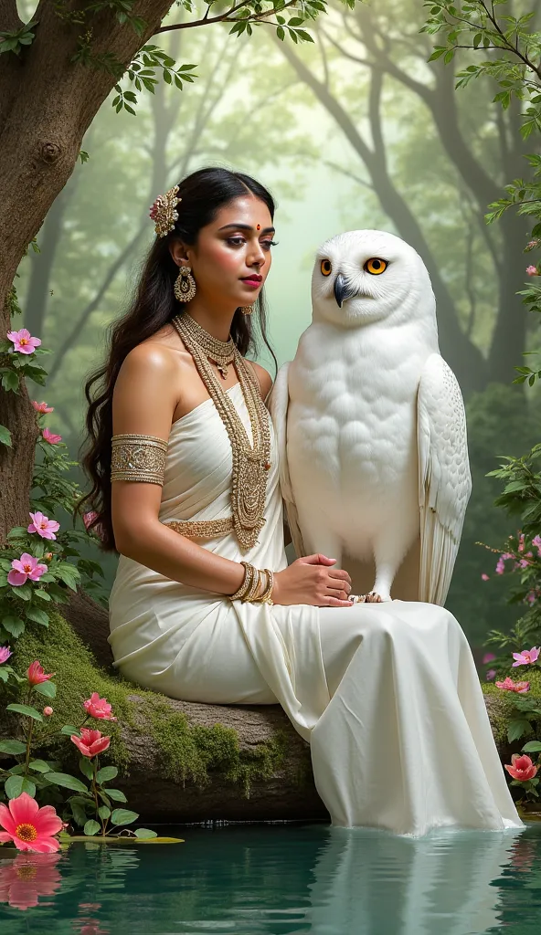 Our Lady Luxami, a beautiful white Indian goddess, sits imprinted on a large white owl with wings on a beautiful paradise. Indian Art