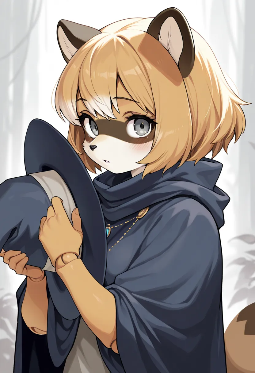 1girl, (furry, kemono:1.4), raccoon girl, animal nose, raccoon tail, solo, hat, unworn headwear, unworn hat, doll joints, joints, blonde hair, holding, holding hat, short hair, holding clothes, grey eyes, looking at viewer, cloak, upper body, jewelry, part...