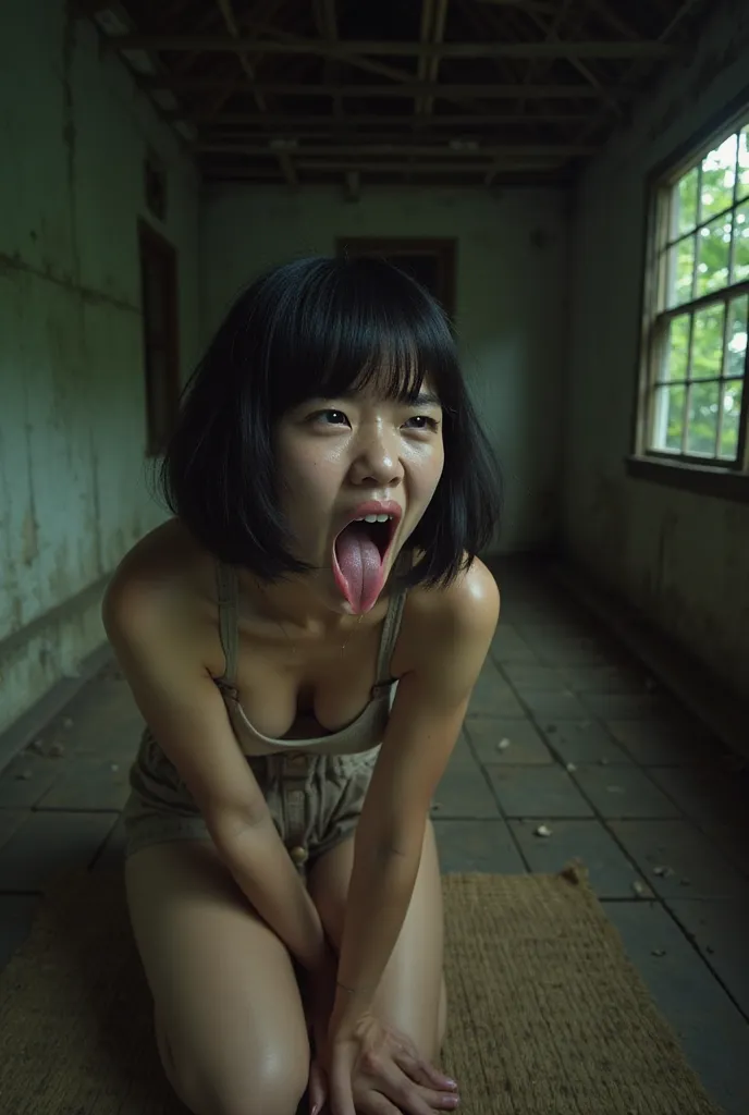 A young Thai woman with short bob hair and bangs, fair Asian skin, and slightly crossed eyes. She has her mouth wide open, sticking out a long tongue, expressing intense pain as if in distress. The setting is in a desolate, abandoned house deep in the fore...