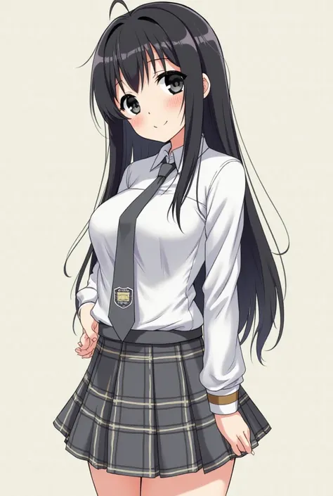 Female student wearing a white shirt Gray tie and skirt with a Scottish design. White long socks with brown lining She looks like a Thai girl. She has long neat black hair, black eyes, and a sharp face. Turn back. be anime 