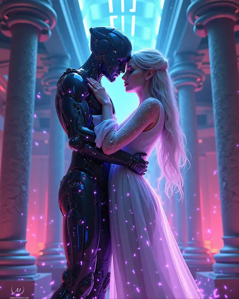 A crystal-and-neon android kissing a Greek goddess made of binary code, set in a futuristic landscape of glowing circuits and marble columns