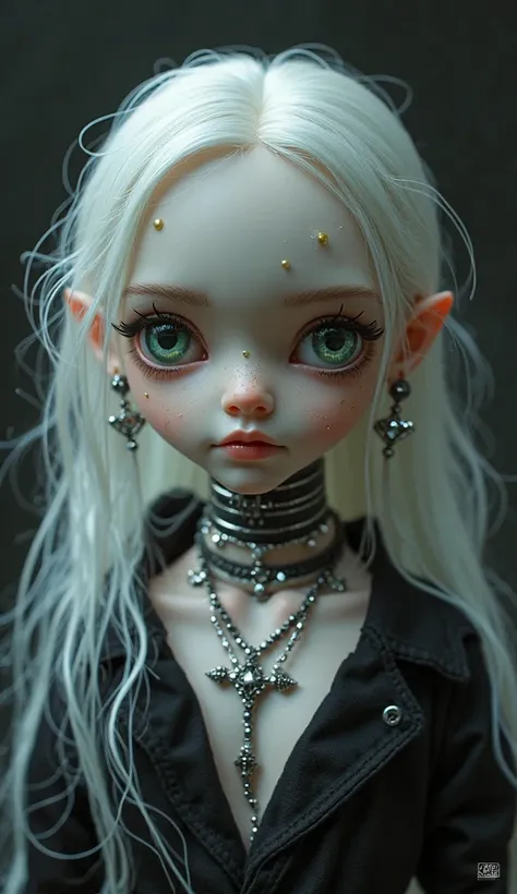 BJD doll, Gothic style,  boy, white hair, green eyes, white long earrings, heart on the face, silver cross necklace, silver wide necklace, 8k, high quality, detailed, photorealistic, studio lighting, physically-based rendering, realistic, vivid colors, dar...