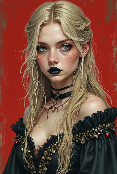 Elden Ring drawing art style,  Young adult woman , Caucasian skin, beautiful, long, misaligned blond hair, blue eyes and shady, flirty and psychopathic face,  attractive physique ,  black lipstick jewelry, historically correct medieval pagan clothing with ...