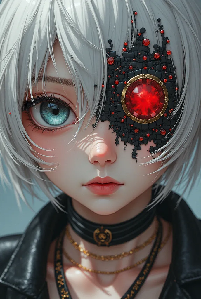 close-up of a person with short white hair and wearing two necklaces, the first one in black leather with a red ruby, the second one a gold chain with smaller rubies. She has beautiful eyes with lots of amber details. Detailed and delicate skin texture. gr...