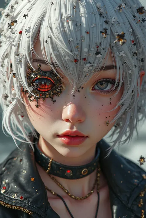 close-up of a person with short white hair and wearing two necklaces, the first one in black leather with a red ruby, the second one a gold chain with smaller rubies. She has beautiful eyes with lots of amber details. Detailed and delicate skin texture. gr...