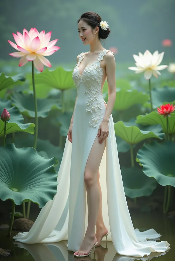 a woman in an elegant, flowing white gown adorned with floral designs. She is standing in a serene environment surrounded by large lotus flowers in various colors, including white and red, along with broad green leaves. The setting resembles a tranquil gar...