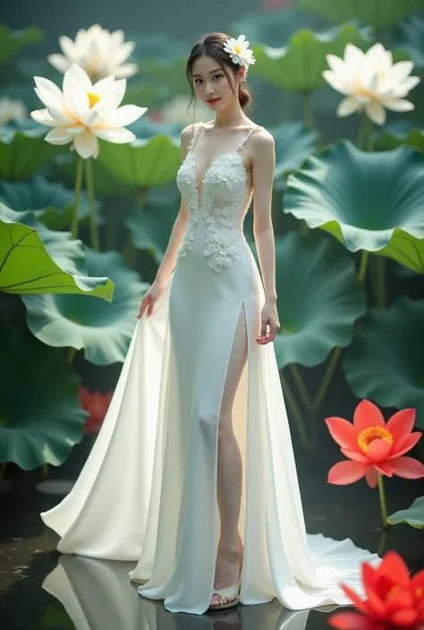 a woman in an elegant, flowing white gown adorned with floral designs. She is standing in a serene environment surrounded by large lotus flowers in various colors, including white and red, along with broad green leaves. The setting resembles a tranquil gar...