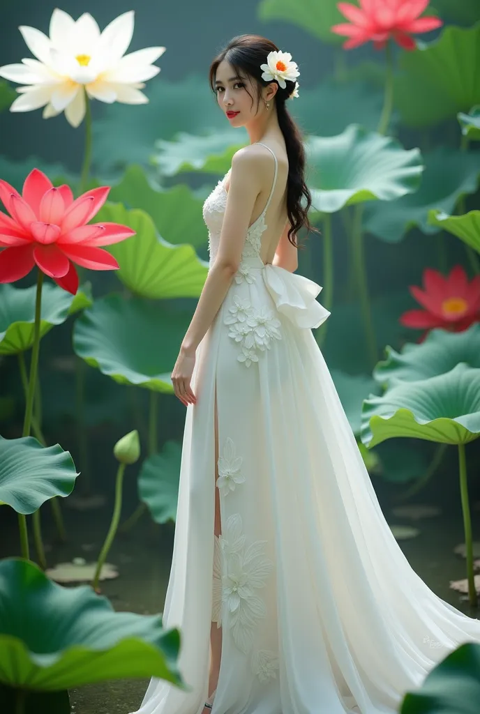 a woman in an elegant, flowing white gown adorned with floral designs. She is standing in a serene environment surrounded by large lotus flowers in various colors, including white and red, along with broad green leaves. The setting resembles a tranquil gar...