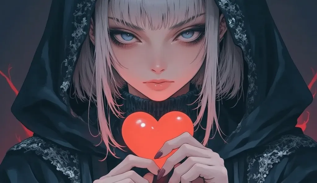 8k, masterpiece, highest quality, Korea's Beautiful Women, Close-up, frontal, fair,  blue eyes, dark eyebrows, full lips,  light hair, braids, dark hooded cloak, lace trim, clasped hands, glowing red heart, dark background, dramatic lighting.