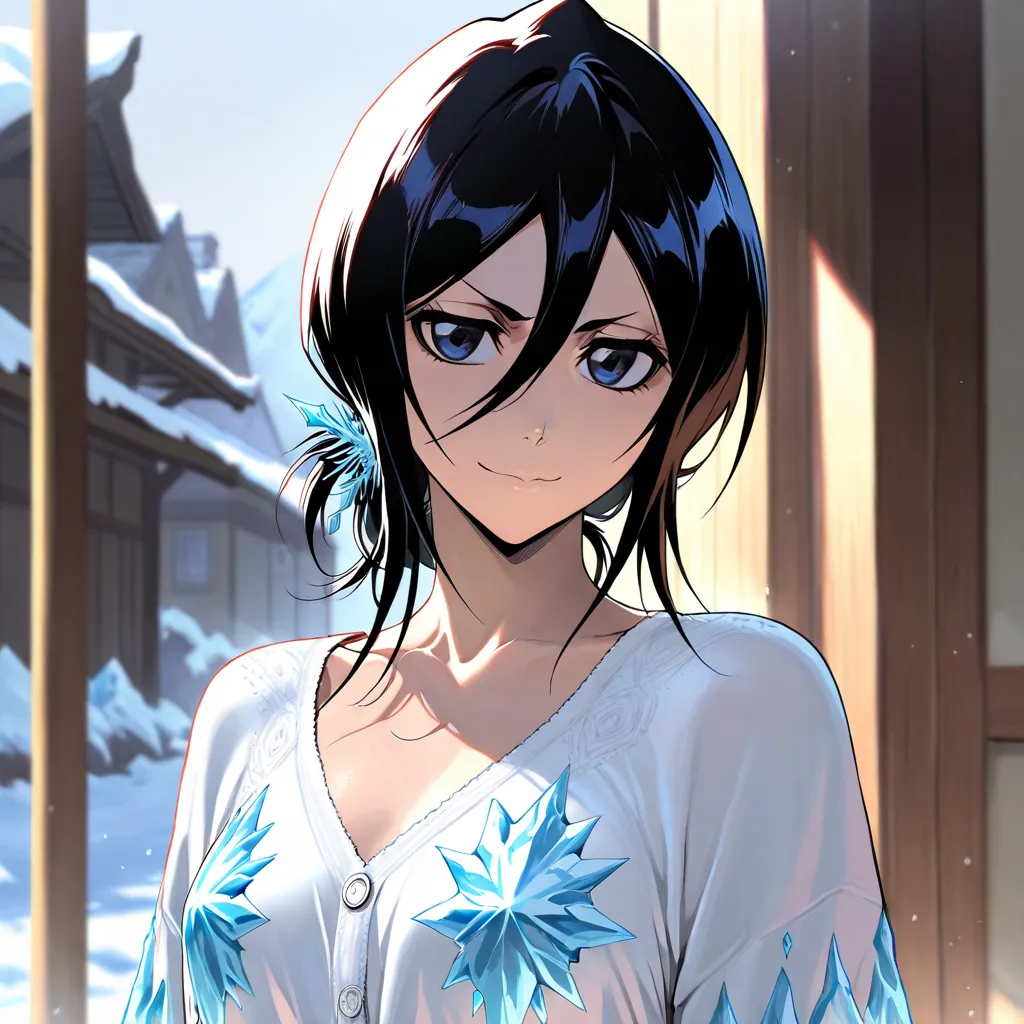 Stunningly attractive woman, Rukia Kuchiki, Bleach, High Resolution, Masterpiece, glistening, impeccable physical shape, casual clothing, different hairstyles, different clothing, different clothing styles, different clothing, Solo, 1girl, small smile, ice...