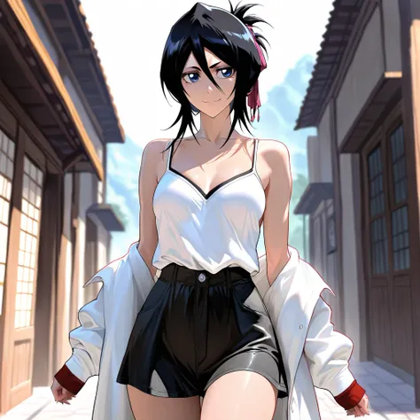 Stunningly attractive woman, Rukia Kuchiki, Bleach, High Resolution, Masterpiece, glistening, impeccable physical shape, casual clothing, different hairstyles, different clothing, different clothing styles, different clothing, Solo, 1girl, small smile