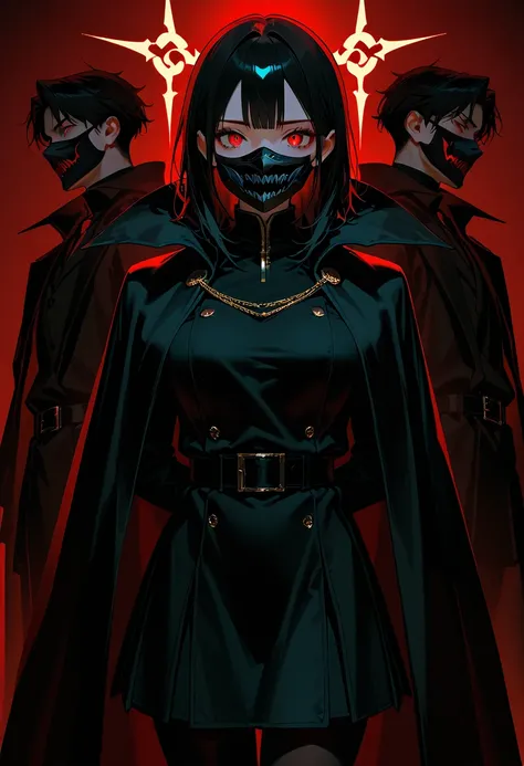 A young man has black hair, red eyes, wears a black mouth mask, dresses in black, and has a black cape.