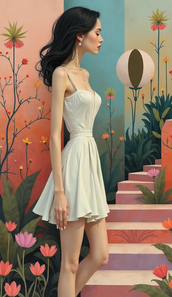 make a cubist abstraction of an surrealistic beautiful woman short dress combined with spring time architecture