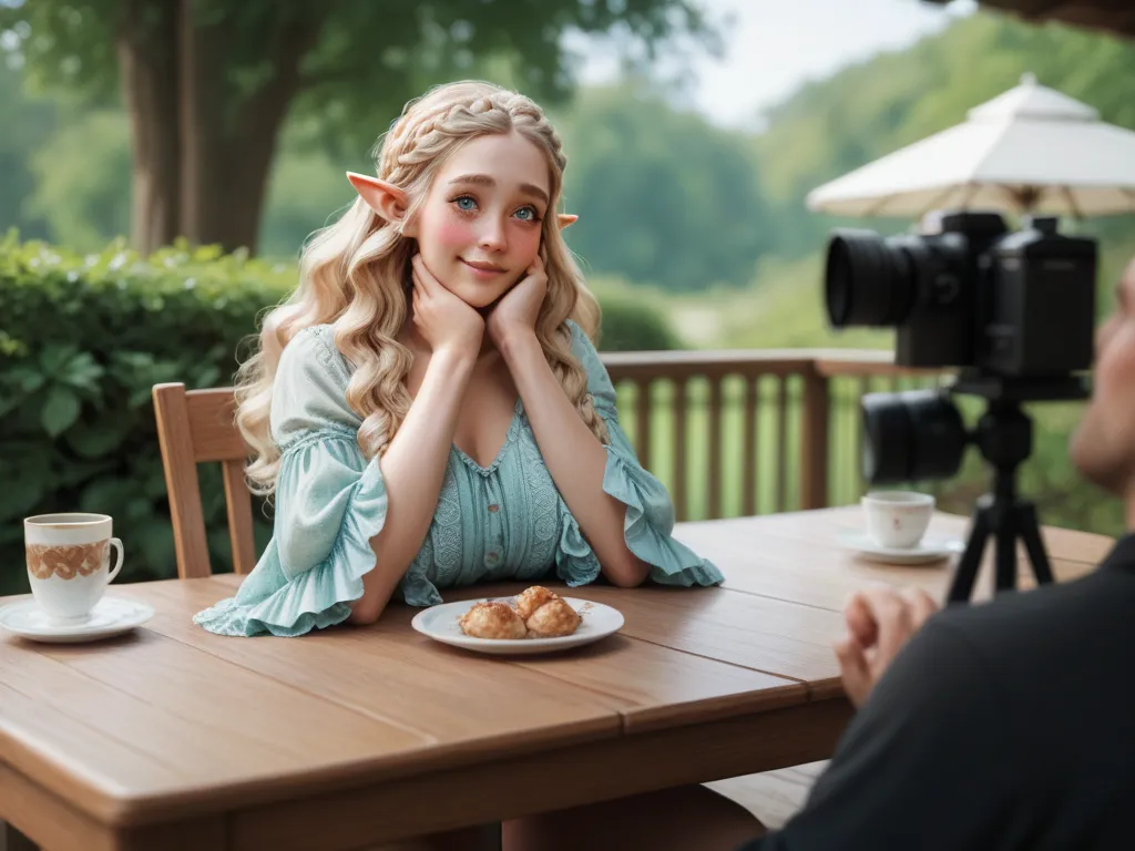 beautiful elf, blonde braided hair, sort wavy hair, tall, big saggy tits, wear casual dress, sitting on dining table, outdoor coffeeshop, blush, embarased, detailed eyes, looking at camera, right hands hold on chin