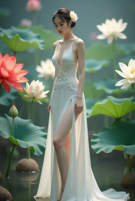 a woman in an elegant, flowing white gown adorned with floral designs. She is standing in a serene environment surrounded by large lotus flowers in various colors, including white and red, along with broad green leaves. The setting resembles a tranquil gar...