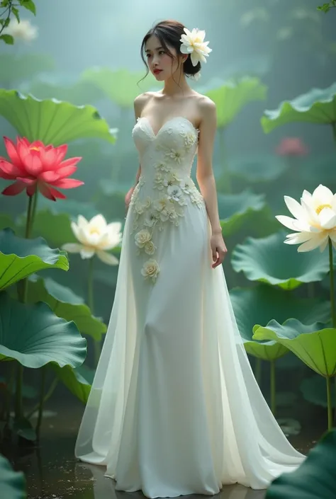 a woman in an elegant, flowing white gown adorned with floral designs. She is standing in a serene environment surrounded by large lotus flowers in various colors, including white and red, along with broad green leaves. The setting resembles a tranquil gar...