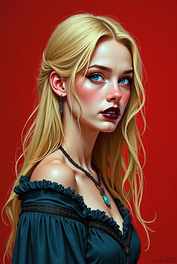 Elden Ring drawing art style,  Young adult woman , Caucasian skin, beautiful, long, misaligned blond hair, blue eyes and shady, flirty and psychopathic face,  attractive physique ,  black lipstick jewelry, historically correct medieval pagan clothing with ...