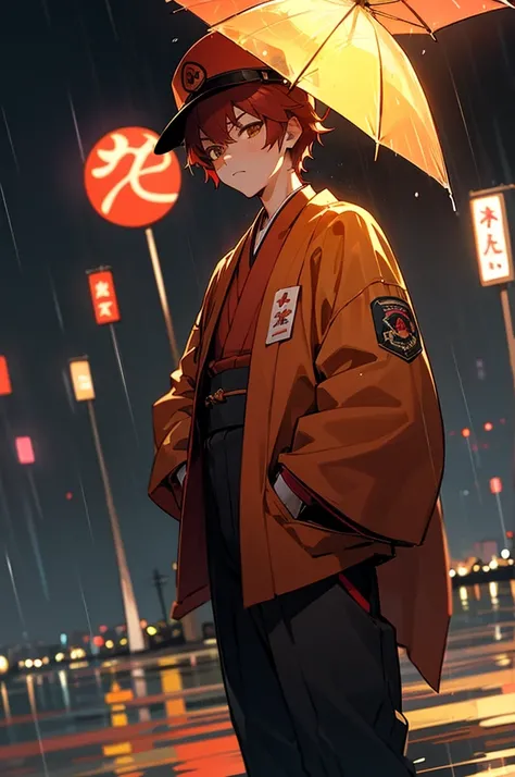 1boy,night city,rain,japanese military suit,hands in pockets,wearing a yellow and red clown hat hat,8K,2d,anime,****ager,brown eyes,red hair