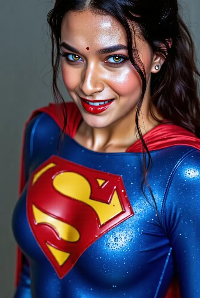 (FULL VIEW STANDING IN THE HEAVY RAIN) **"A stunning, highly detailed, and ultra-realistic portrait of a INNOCENT BLUE EYED 19-year-old Thai GIRL, proudly wearing the iconic RETRO 1980 SUPERMAN costume with a glossy latex/vinyl finish. The vibrant royal bl...