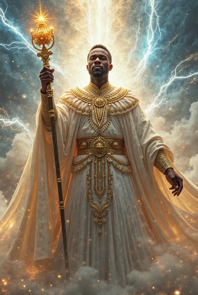 Create a glorious being Using the image of a black African man holding a scepter theme colors is gold white and lightning blue 