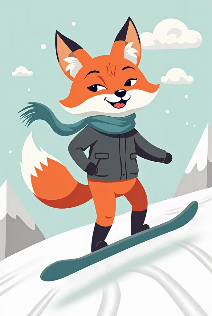 A stylized red fox, standing on a snowboard, making a jump with a confident smile. He wears a winter jacket and a scarf that flutters behind him. His eyes are mischievous and playful. Simplified background with a few mountains and tracks in the snow.