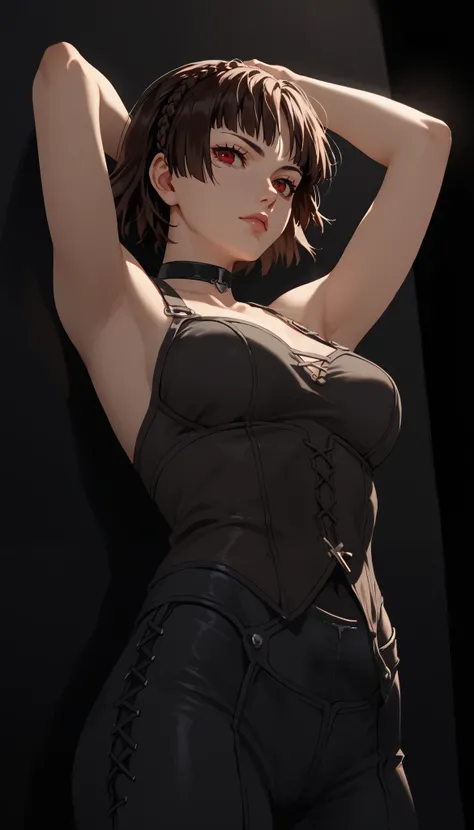very realistic close up of a young woman posing against a graphic wall, Makoto niijima, seductive portrait, red eyes, short black hair,Street clothes,choker, minimal accessories, standing pose, arms raised behind her head, large round breasts, black backgr...