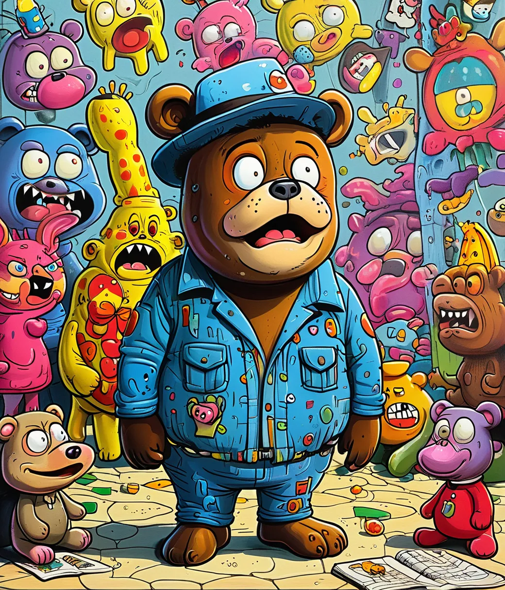 style of Peter Bagge, (cute, chubby, male, bear), adorable, magical, fantasy, hires textures, highly detailed, intricate details, best quality, masterpiece, zPDXL3