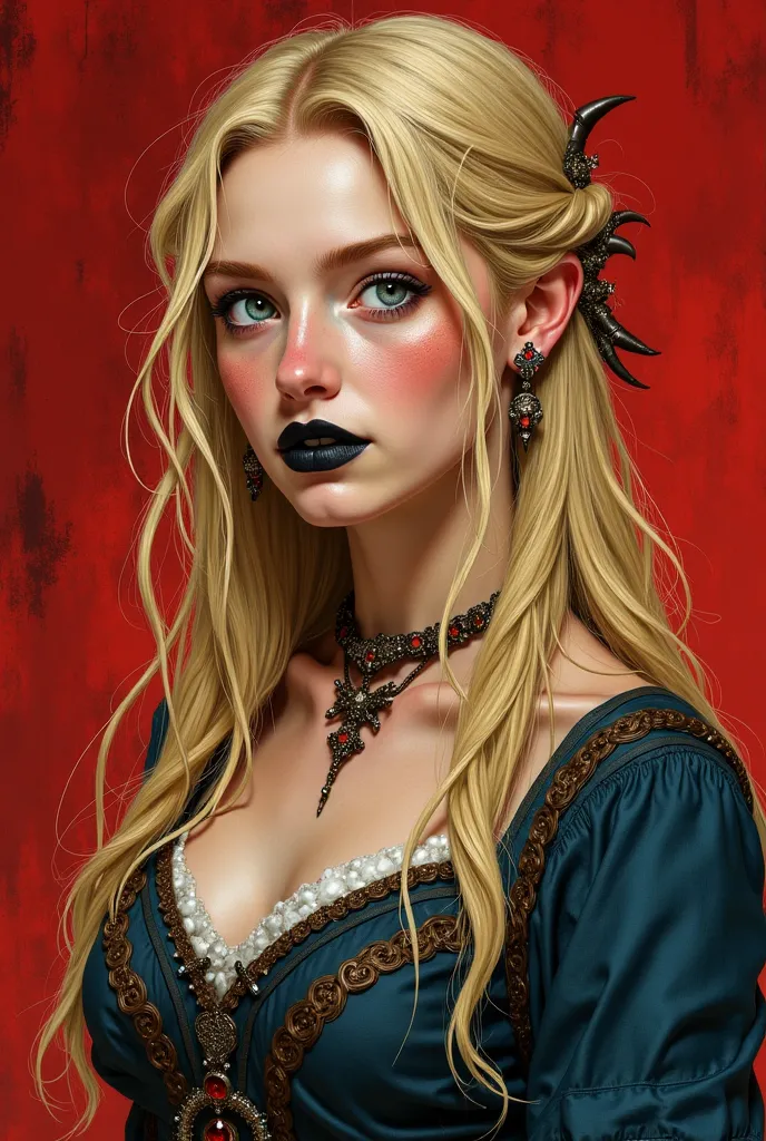 Elden Ring drawing art style,  Young adult woman , Caucasian skin, beautiful, long, misaligned blond hair, blue eyes and shady, Flirty face,  attractive physique ,  black lipstick jewelry, historically correct medieval pagan clothing with neckline.  red ba...