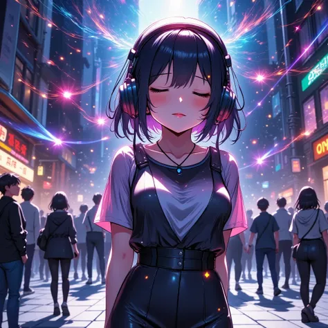 High-detail anime-style illustration of a young musician standing in an open plaza, eyes closed, feeling the rhythm of their heartbeat. Their headphones glow subtly as colorful waves of energy pulse outward, symbolizing the song’s theme of embracing one’s ...