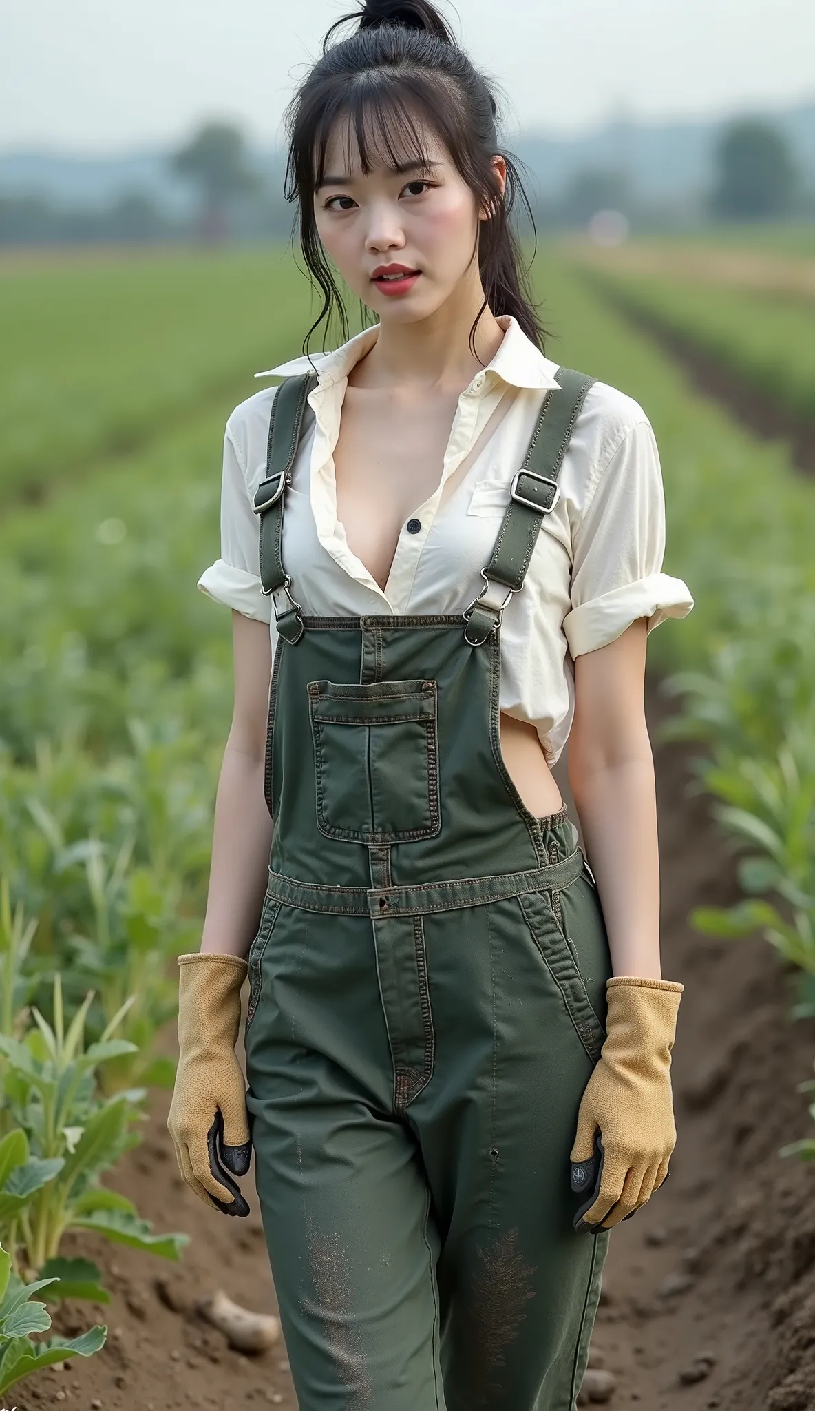 Wide angle shot of a young Asian woman, 18 years old, very fair skin and body, good complexion, young age, beautiful face, pink lips, black hair tied up, she is a farmer, wearing a farmer's outfit, a Japanese farmer, her shirt reveals a beautiful, large, w...