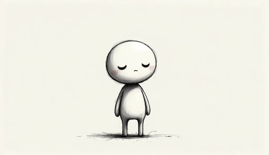 a black and white, minimalist sketch-style character, chill guy, round featureless head, simple closed eyes, minimalist facial features, neutral expression, standing pose, relaxed posture, highly detailed, intricate line work, monochrome, ink sketch, penci...