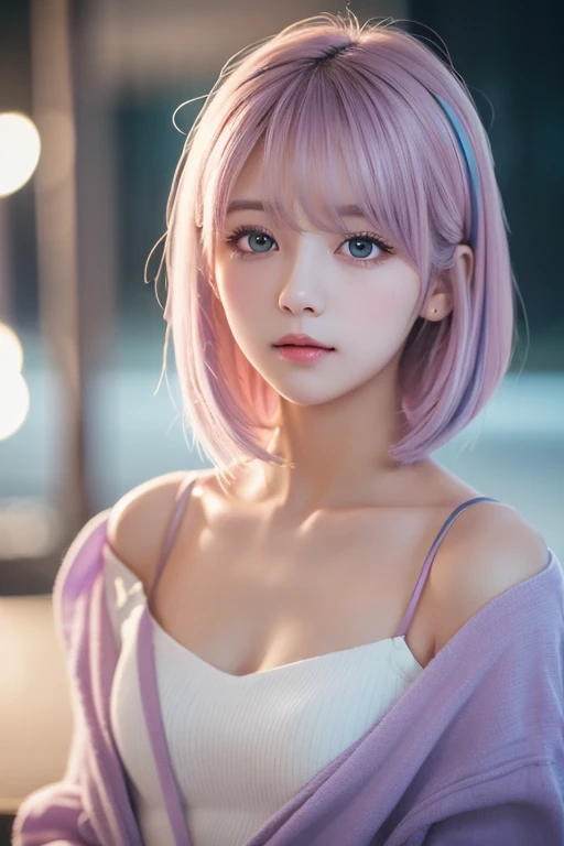 ((Masterpiece, best quality )),(Negative Space :1.4),( 1 girl, Alone:1.4),  beautiful eyes in every detail  , Floating Pastel Pink and Lavender Hair,  lavender eyes , At night, Starry Sky, Shining Star