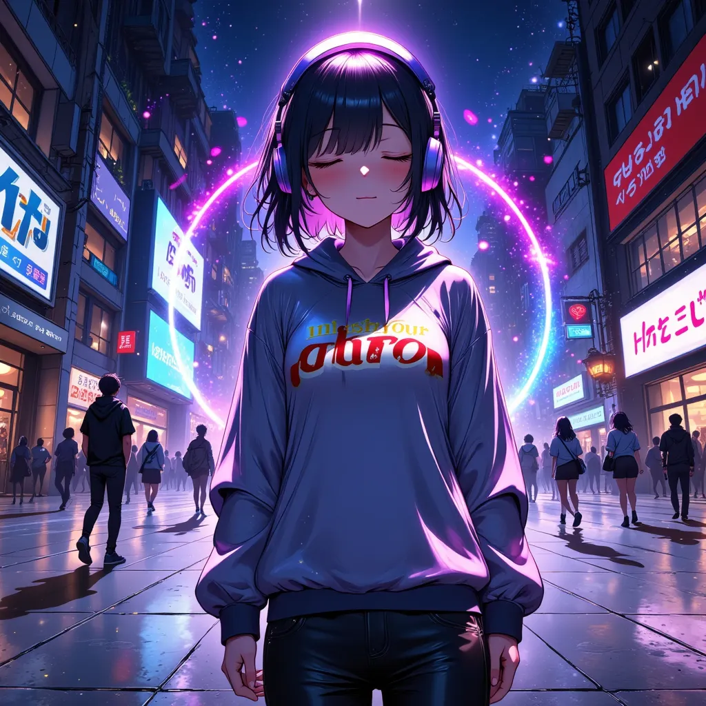 High-detail anime-style illustration of a young musician standing in an open plaza, eyes closed, feeling the rhythm of their heartbeat. Their headphones glow subtly as colorful waves of energy pulse outward, symbolizing the song’s theme of embracing one’s ...