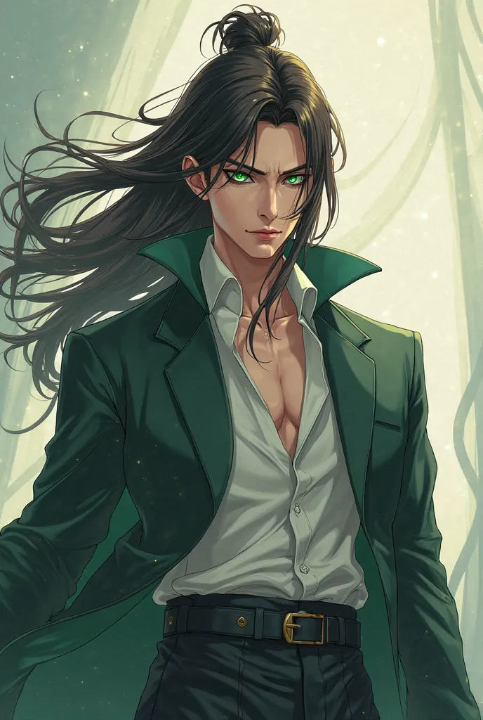 A tall, airy and strong man, dark brown hair, long to the middle of the neck and a small bundle at the nape of the neck, emerald green eyes, looking sharp and intelligent, cool and sober. Anime alone.