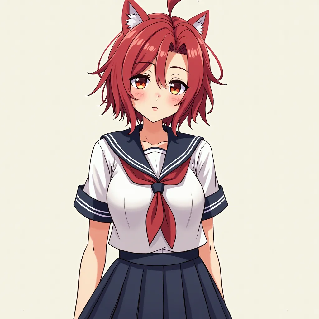 A 16-year-old tomboy girl wearing a school uniform, big breasts, red and white hair, is a Japanese anime-style Japanese caller.