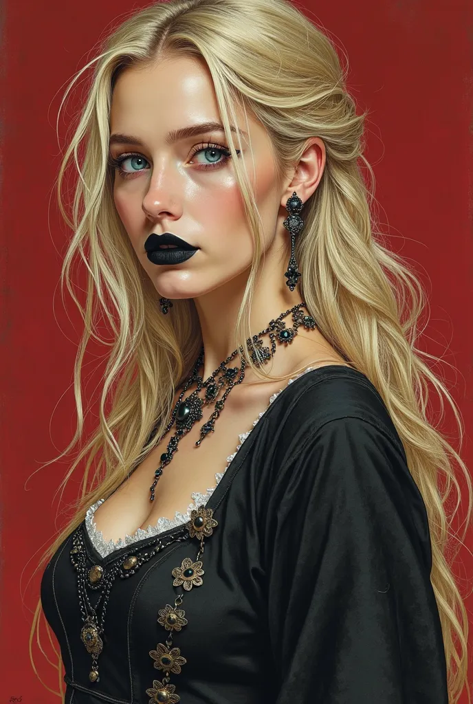 Elden Ring drawing art style,  Young adult woman , Caucasian skin, beautiful, long, misaligned blond hair, blue eyes and shady, Flirty face,  attractive physique ,  black lipstick jewelry, historically correct medieval witch clothing with neckline.  red ba...