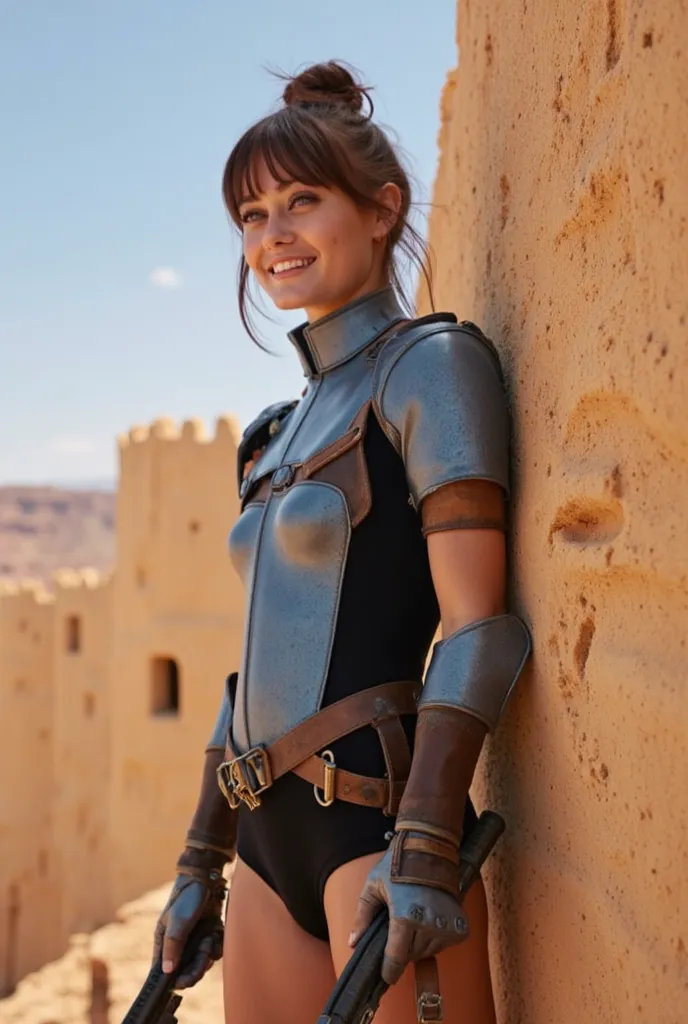 Ella Purnell, score_9, fantasy; 1girl; knight ,Fit, underwear;  brown hair in my hands, gathered in a bun,  smiles, in light blue metal armor worn on a black jumpsuit; belt, an old rifle in my hands, desert , on the wall of a sandstone fortress