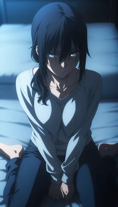 masterpiece, best quality, amazing quality, highres, absurdres, very aesthetic, high resolution, ultra detailed, perfect details, midnight, , upper body, indoors, ufotable style, ((blue hour)), (from above),
1girl, solo, ufotable style, anime style, (...