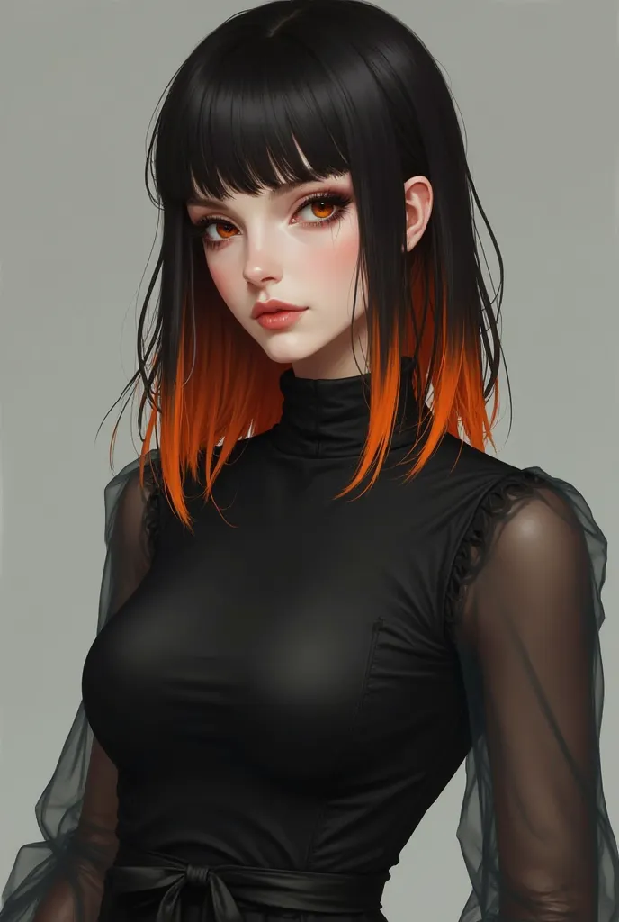 She must be a realistic woman with white skin and brown eyes, must have straight shoulder length hair, black and orange with orange reflections in her hair, and wear a black dress with high collar tied with long transparent sleeves tied with a short glued ...