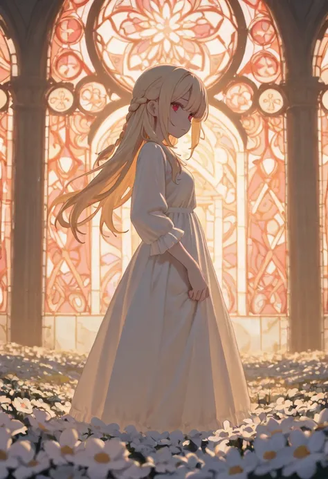 Braided half-up hair, stained glass of a flower field at sunset in the background, flat color, from the side, masterpiece：1.4, 8k, , Braided half-up hair, stained glass sunset sea in the background, flat color,, frill dress, blond hair, red eyes