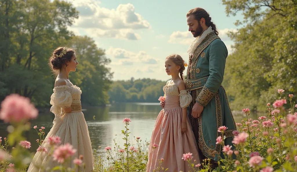 The composition showcases a family scene set by a calm river under a bright sky with soft clouds. The man wears a richly detailed historical costume with gold accents, while the woman is adorned in a period dress with a fitted bodice and flowing sleeves. T...