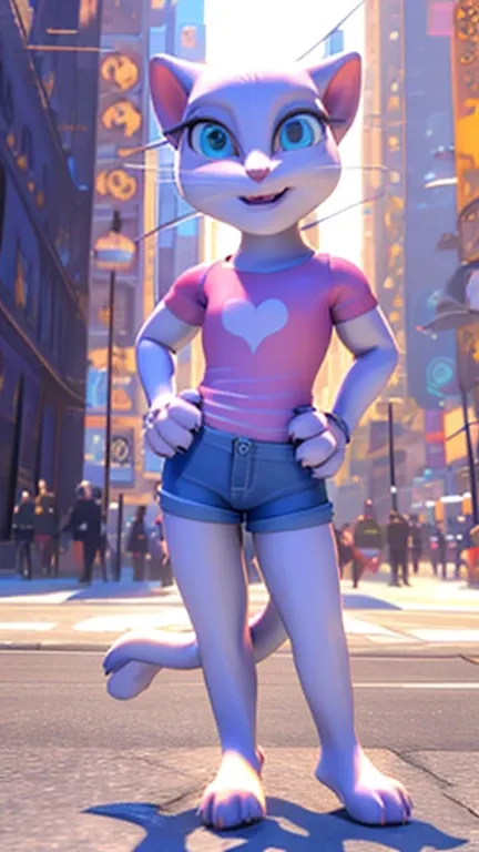 Talking Angela, open smile, 1girl, cat girl, furry female, white skin, cat tail, 3d, detailed background, New York, City, Manhattan, Time Square, buildings, streets, pavement, pink t-shirt, jean shorts, barefoot, standing, looking at viewer, hand on hip, h...