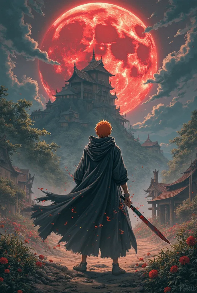 Ichigo vs guts,In the background Akatsuki's Moon and Leaf Village 