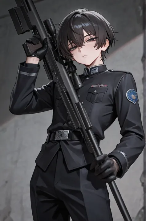 Handsome young man wearing black gloves,  holding a gun, dark hair with a sniper gun, black eye,  long lashes,  weapon, charming, Male in his 20s, adult, Solo, masterpiece, best quality, Detailed Eyes, cool, half-closed eyes, upstage