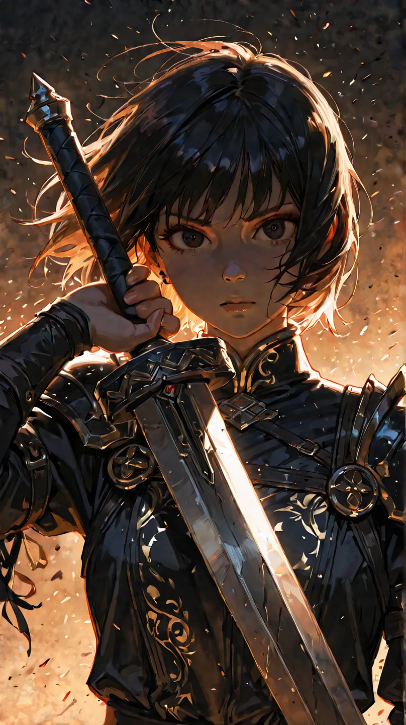 plenty of dynamism, standing picture, simple background, weapon, black hair, detailed portrait of a powerful female warrior with long black hair, piercing gaze, and a determined expression, holding a large broadsword, 4K, high quality, detailed, intricate,...