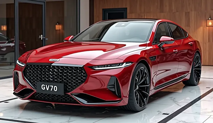 create an ultra-detailed 3D render  (close full front view, )of a modern "(2026 Genesis GV70) with a bold designy  looking long like limousine captured from (front) The car should feature a 'Gleamy oily (Mauna Red)' color and black accents with a ' (Genesi...