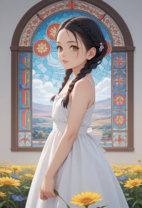 Braided half-up hair, stained glass of a flower field at sunset in the background, flat color, from the side, masterpiece：1.4, 8k, , Braided half-up hair, stained glass sunset sea in the background, flat color, frill dress, Black hair,brown eyes