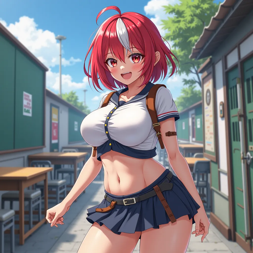  tomboy girl with big breasts red and white hair is a japanese schoolgirl with belly japanese anime style