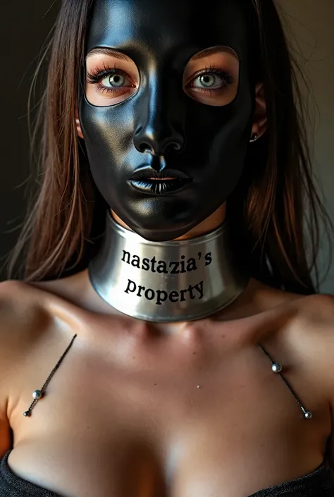 Closeup of the neck of a brunette big breasted naked woman wearing a silver metal collar ((with ‘Nastazia’s Property’ engraved on it)) her face is covered in a ((full)) hood latex gimp mask