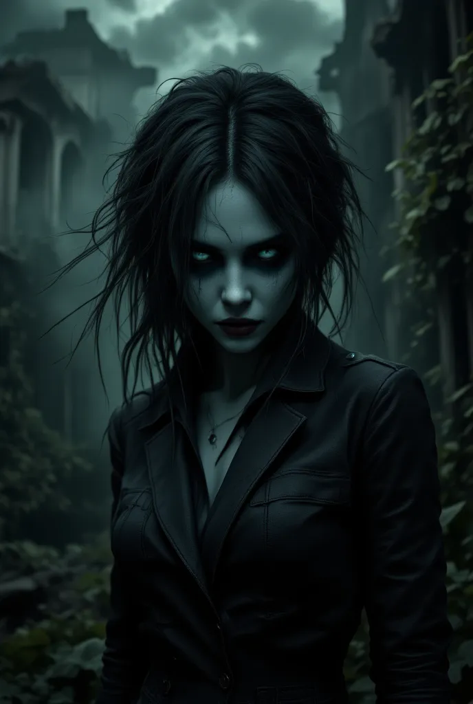 ENTROPIC woman, detailed photorealistic portrait, beautiful female face with haunting expression, disheveled hair, intense gaze, dark circles under eyes, pale skin, moody lighting, dystopian post-apocalyptic environment, crumbling architecture, overgrown v...